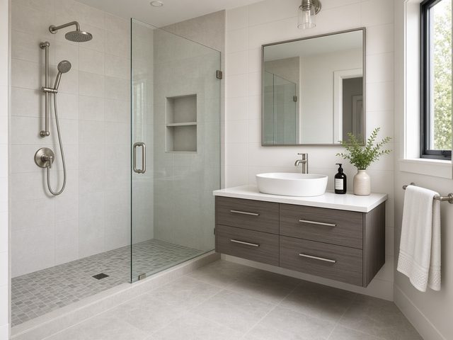 Bathroom after a full repipe with new shower valve and fixtures