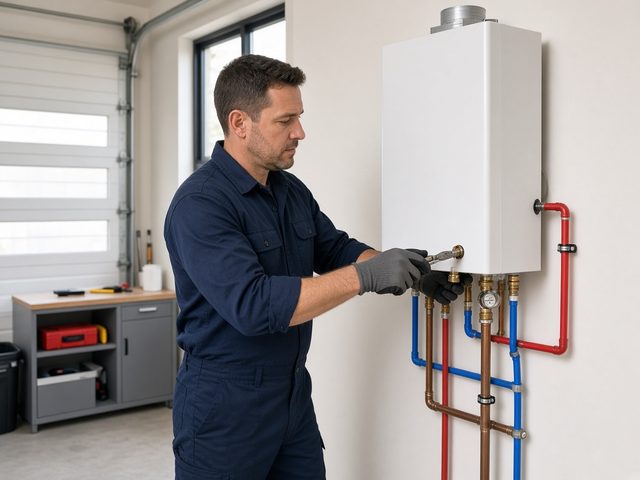 New tankless water heater installed in a garage